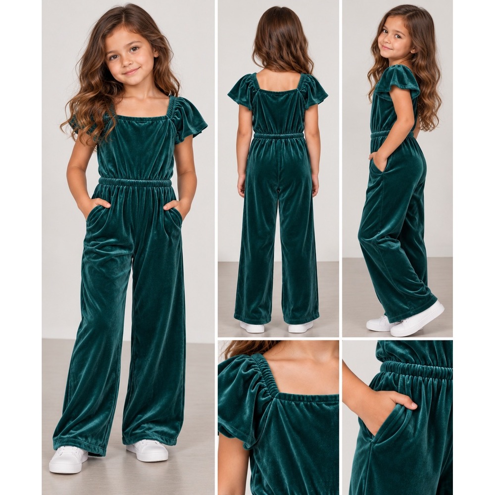 Crewcuts Girls Green Velvet Flutter Sleeve Wide Leg Jumpsuit Size 5 NWT $72